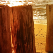 Holzpfosten am Meer bei Sonnenuntergang