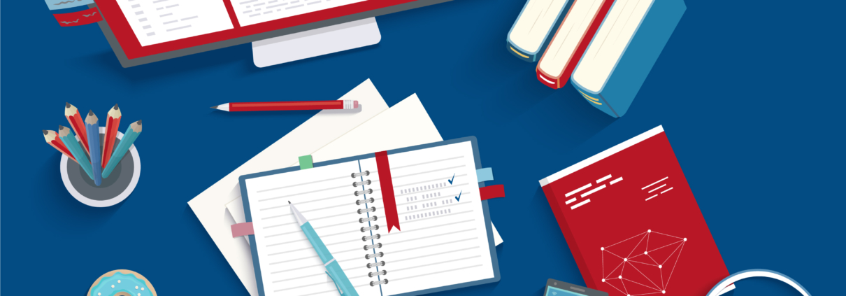Illustration: Schreibtisch von oben mit Büchern, Monitor, Notizblock, Brille, Handy,