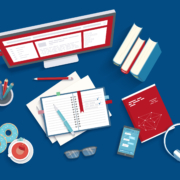 Illustration: Schreibtisch von oben mit Büchern, Monitor, Notizblock, Brille, Handy,