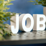 Das Wort Job steht in weißen Buchstaben vor blauem Hintergrund und Grünpflanzen