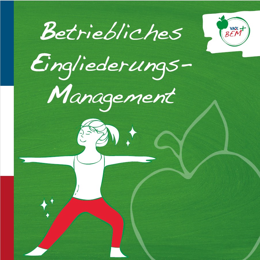 Titelbild Flyer Bem+- Grüner Flyer mit Yoga-Mädchen und Apfel Doodle drauf mit der Überschrift Betriebliches Eingliederungsmanagement